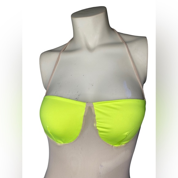 C.BRIDGETT Sexy Neon Yellow & Nude Sheer Mesh Color Block Halter Dress Cover Up - Picture 11 of 14